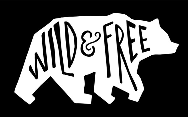 Wild and Free Bear Vinyl Decal | White | Made in USA by Foxtail Decals | for Car Windows, Tablets, Laptops, Water Bottles, etc. | 4.5 x 2.4 inch