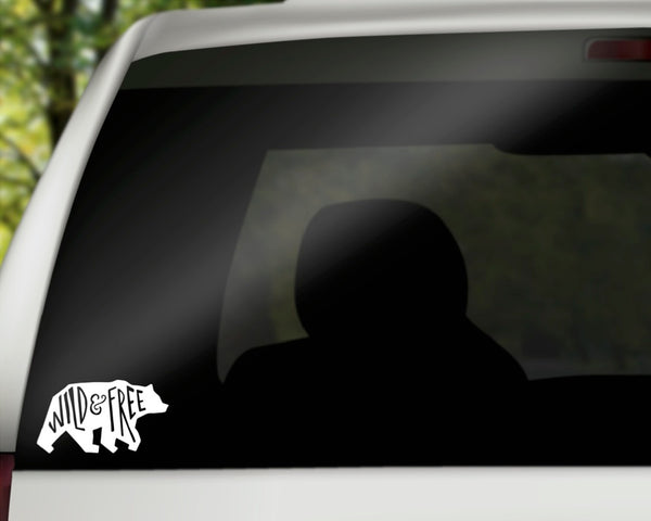 Wild and Free Bear Vinyl Decal | White | Made in USA by Foxtail Decals | for Car Windows, Tablets, Laptops, Water Bottles, etc. | 4.5 x 2.4 inch