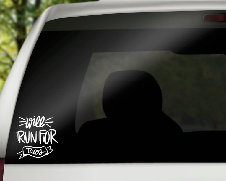 Will Run for Tacos Vinyl Decal | White | Made in USA by Foxtail Decals | for Car Windows, Tablets, Laptops, Water Bottles, etc. | 4.4 x 4.5 inch