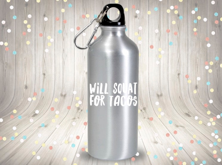 Will Squat for Tacos Vinyl Decal | White | Made in USA by Foxtail Decals | for Car Windows, Tablets, Laptops, Water Bottles, etc. | 4.5 x 2.3 inch