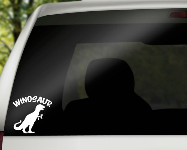 Winosaur Vinyl Decal | White | Made in USA by Foxtail Decals | for Car Windows, Tablets, Laptops, Water Bottles, etc. | 4.5 x 4.3 inch