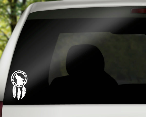 Wolf Dreamcatcher Vinyl Decal | White | Made in USA by Foxtail Decals | for Car Windows, Tablets, Laptops, Water Bottles, etc. | 2.5 x 4.5 inch