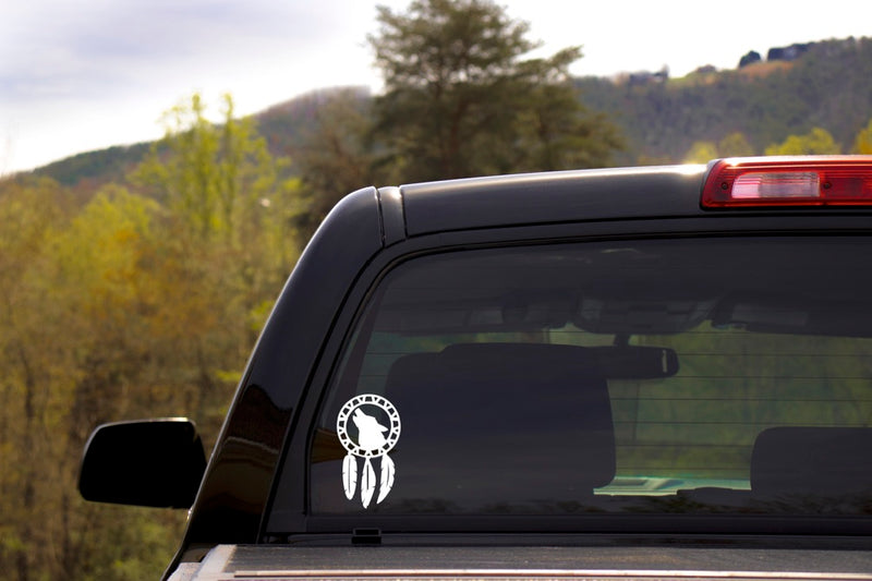 Wolf Dreamcatcher Vinyl Decal | White | Made in USA by Foxtail Decals | for Car Windows, Tablets, Laptops, Water Bottles, etc. | 2.5 x 4.5 inch