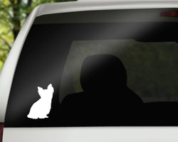 Yorkie Vinyl Decal | White | MADE IN USA by Foxtail Decals | For Car Windows, Tablets, Laptops, Water Bottles, etc. | 3.4 x 4.5 inch