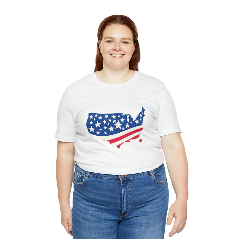 4th of July American Flag Map Jersey Short Sleeve Tee - Soft & Comfortable - Patriotic Clothing - Made in the USA