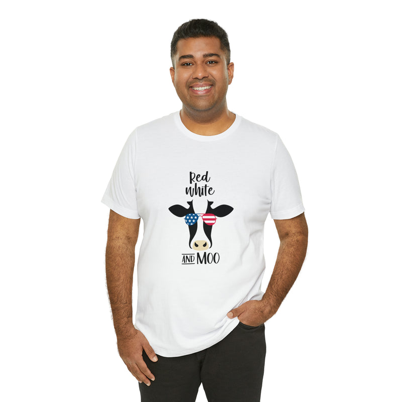 Red, White, and Moo Patriotic Cow Jersey Short Sleeve Tee - Funny & Patriotic Clothing - Soft & Comfortable - Made in the USA