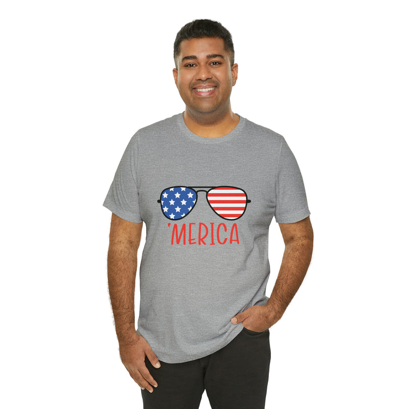 'Merica American Flag Sunglasses Jersey Short Sleeve Tee - Soft & Comfortable - Patriotic Clothing - Made in the USA