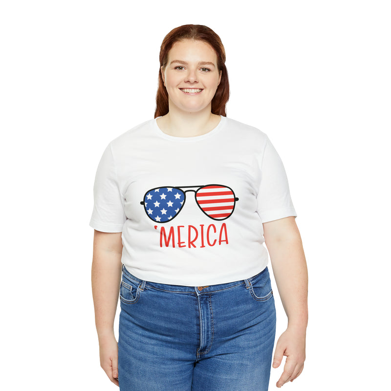 'Merica American Flag Sunglasses Jersey Short Sleeve Tee - Soft & Comfortable - Patriotic Clothing - Made in the USA