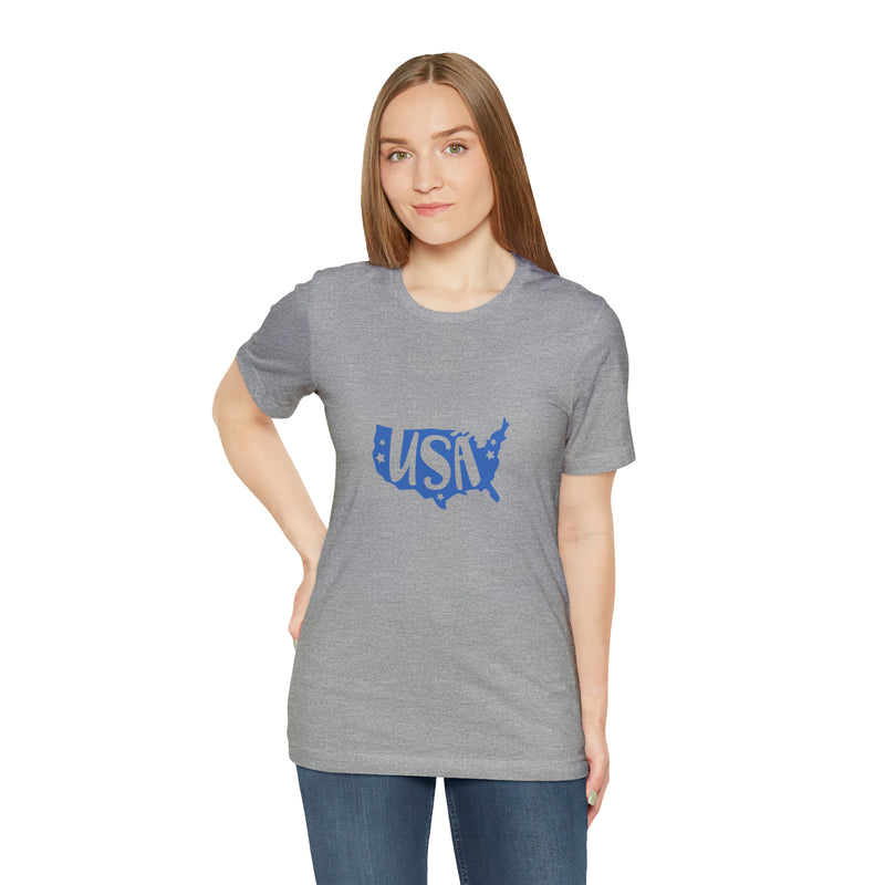 Blue USA Map Short Sleeve Tee - Patriotic Clothing - Made in the USA