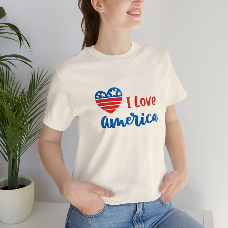 I Love America Heart Jersey Short Sleeve Tee - Soft & Comfortable - Patriotic Clothing - Made in the USA