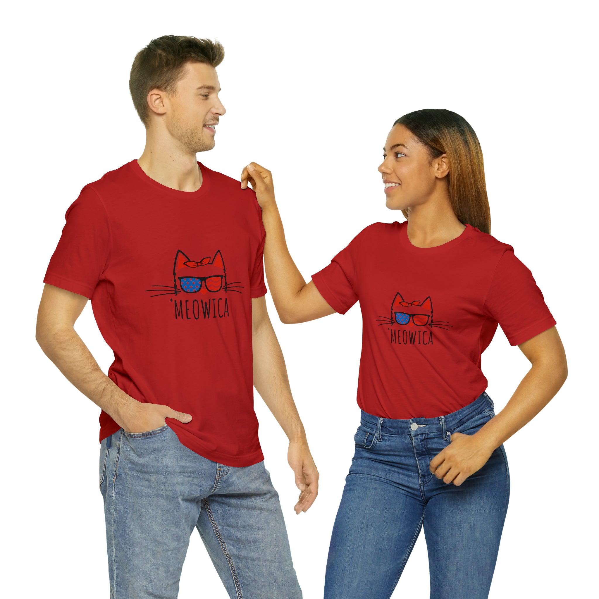'Meowica Patriotic Cat with Sunglasses Jersey Short Sleeve Tee - Soft & Comfortable - Cute & Patriotic Clothing - Made in the USA