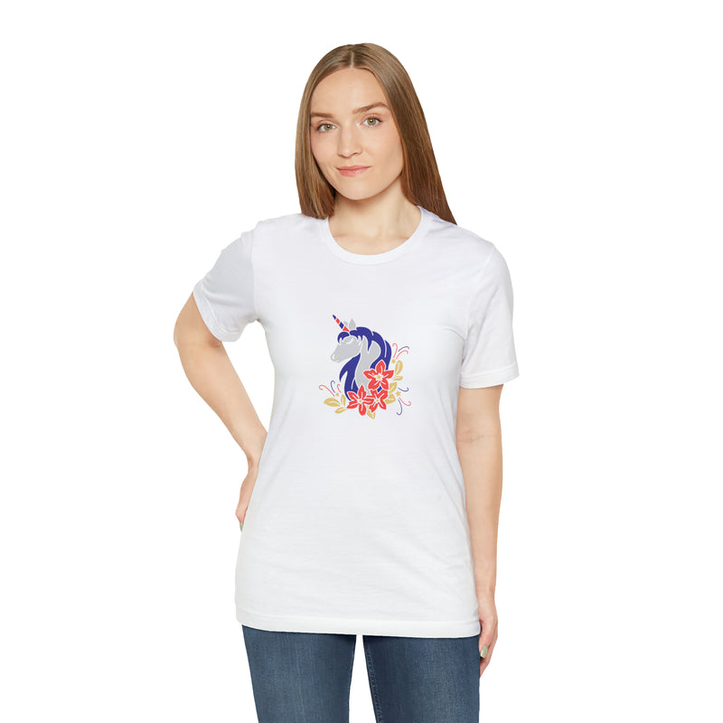 4th of July Unicorn with Flowers Jersey Short Sleeve Tee - Soft & Comfortable - Patriotic Clothing - Made in the USA