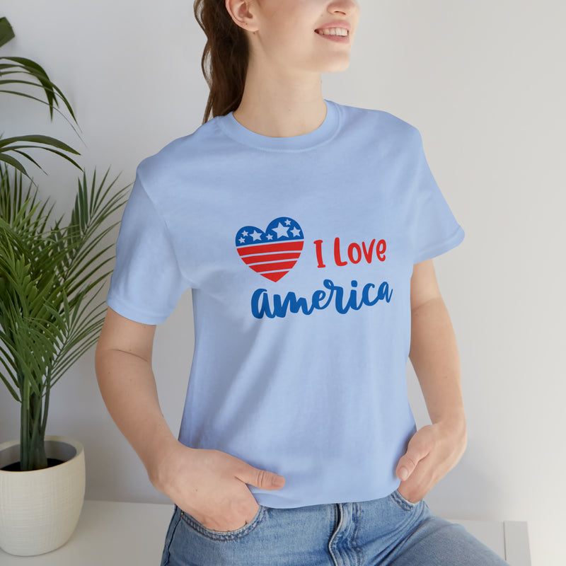 I Love America Heart Jersey Short Sleeve Tee - Soft & Comfortable - Patriotic Clothing - Made in the USA