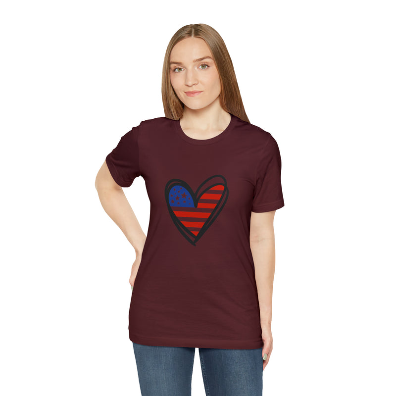 Love America Flag Heart Jersey Short Sleeve Tee - Soft & Comfortable - Patriotic Clothing - Made in the USA