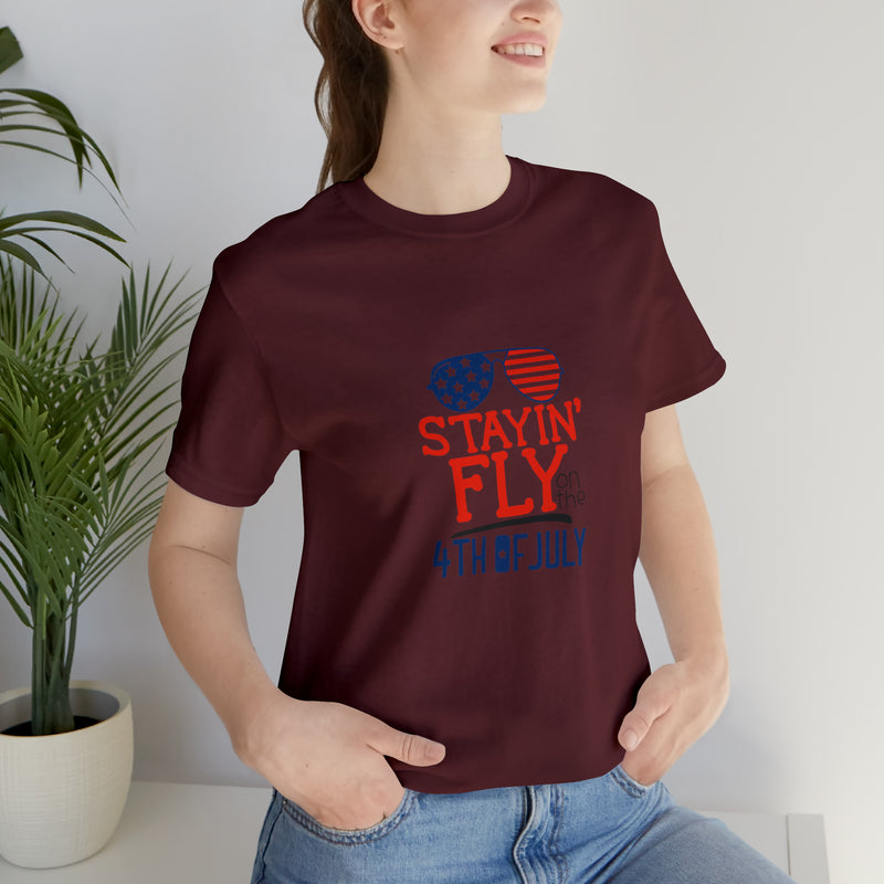 Stayin' Fly on the 4th of July American Flag Sunglasses Unisex Jersey Short Sleeve Tee - Stylish Patriotic Clothing - Made in the USA