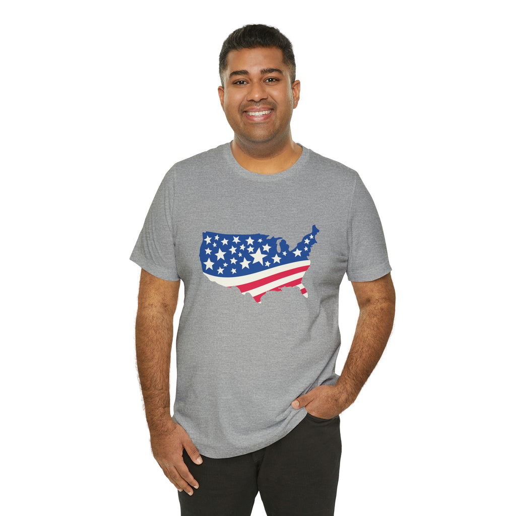 4th of July American Flag Map Jersey Short Sleeve Tee - Soft & Comfortable - Patriotic Clothing - Made in the USA