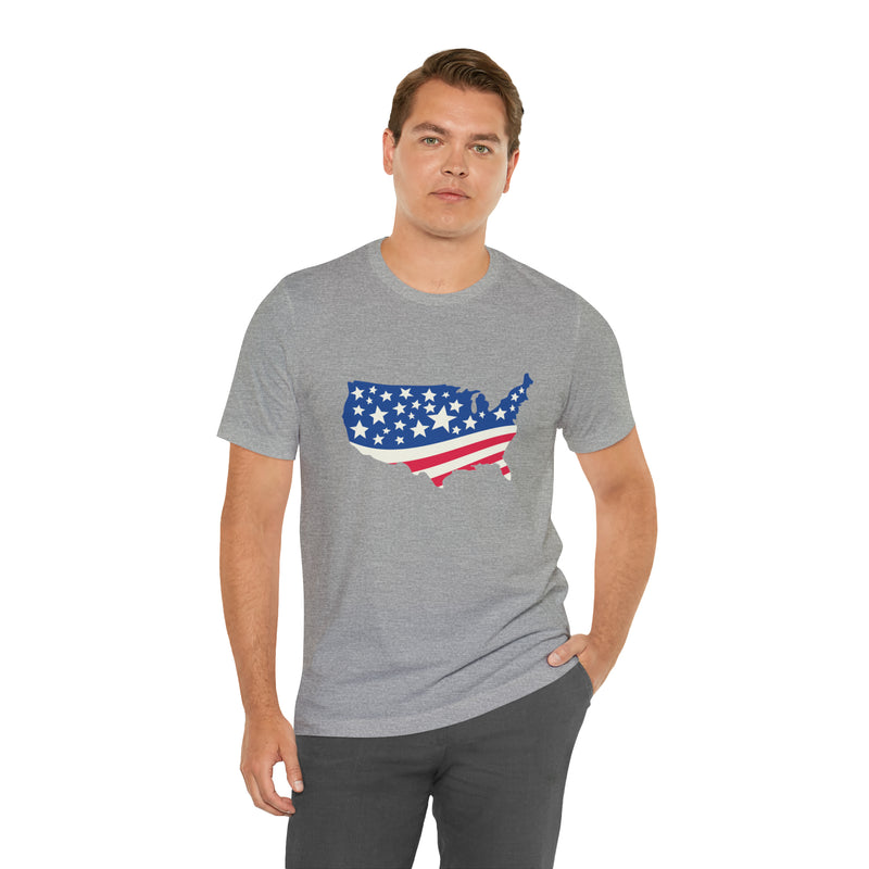 4th of July American Flag Map Jersey Short Sleeve Tee - Soft & Comfortable - Patriotic Clothing - Made in the USA