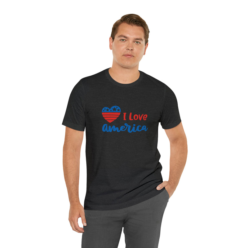 I Love America Heart Jersey Short Sleeve Tee - Soft & Comfortable - Patriotic Clothing - Made in the USA