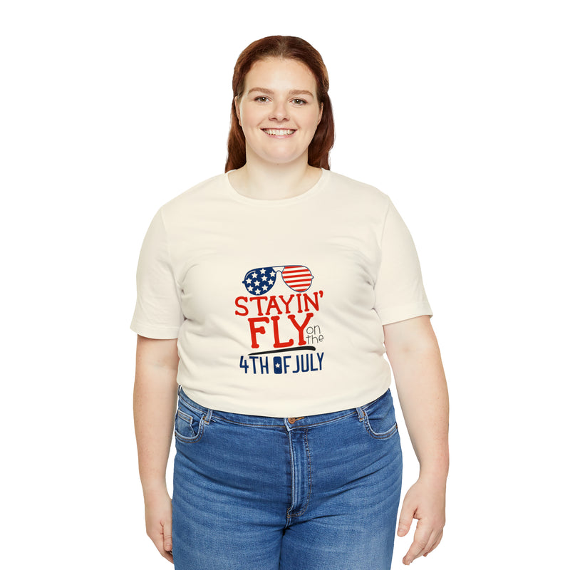 Stayin' Fly on the 4th of July American Flag Sunglasses Unisex Jersey Short Sleeve Tee - Stylish Patriotic Clothing - Made in the USA