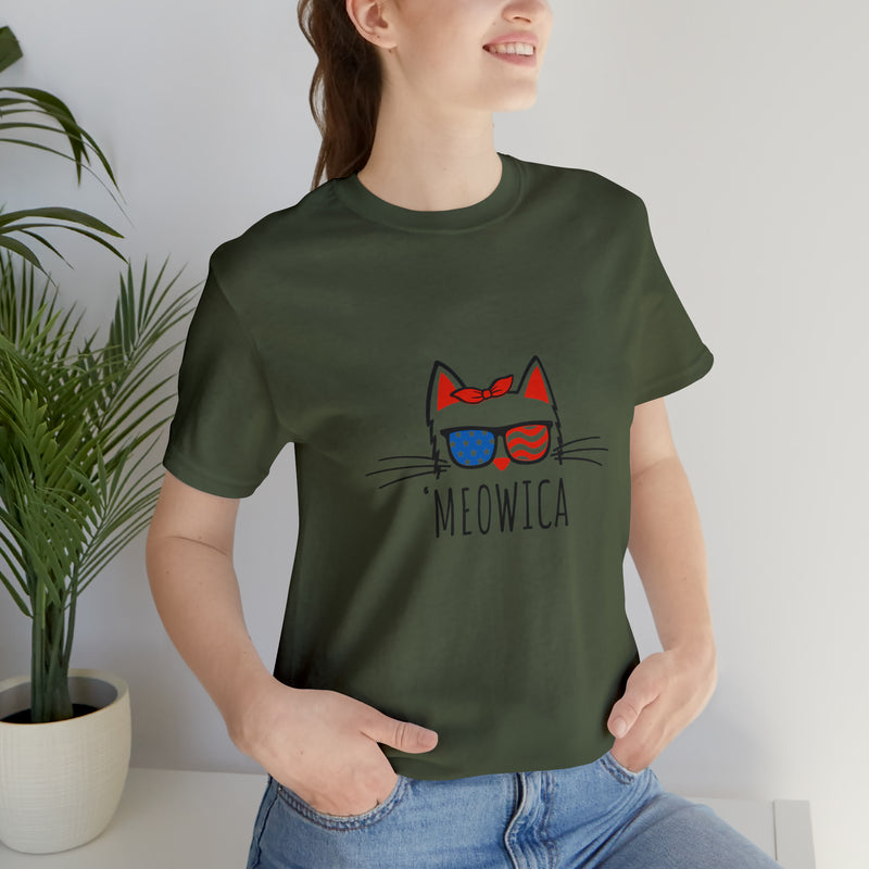 'Meowica Patriotic Cat with Sunglasses Jersey Short Sleeve Tee - Soft & Comfortable - Cute & Patriotic Clothing - Made in the USA