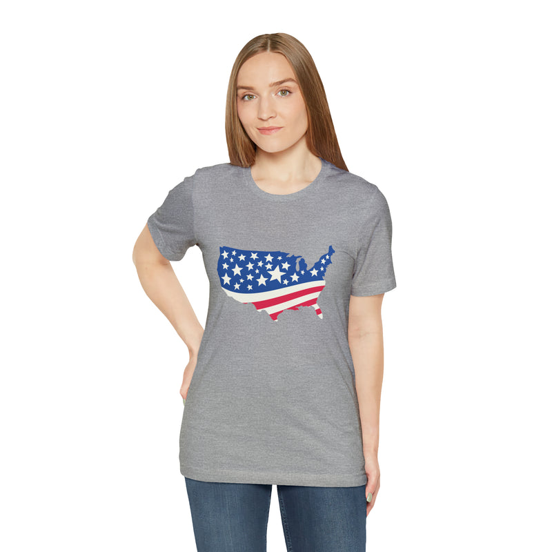 4th of July American Flag Map Jersey Short Sleeve Tee - Soft & Comfortable - Patriotic Clothing - Made in the USA