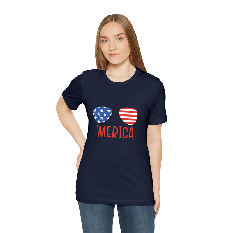 'Merica American Flag Sunglasses Jersey Short Sleeve Tee - Soft & Comfortable - Patriotic Clothing - Made in the USA