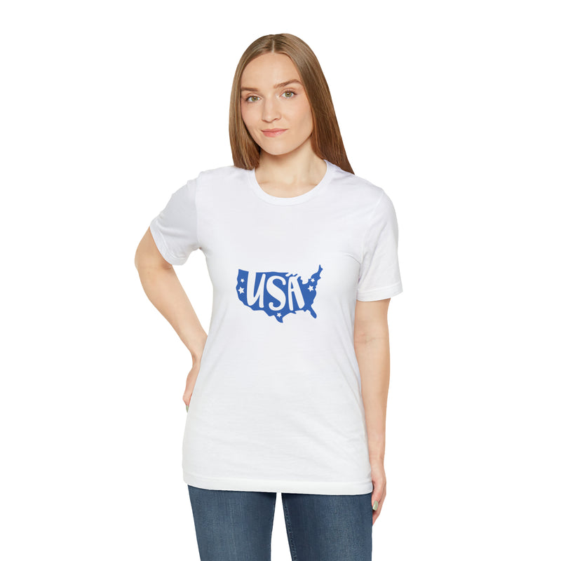 Blue USA Map Short Sleeve Tee - Patriotic Clothing - Made in the USA