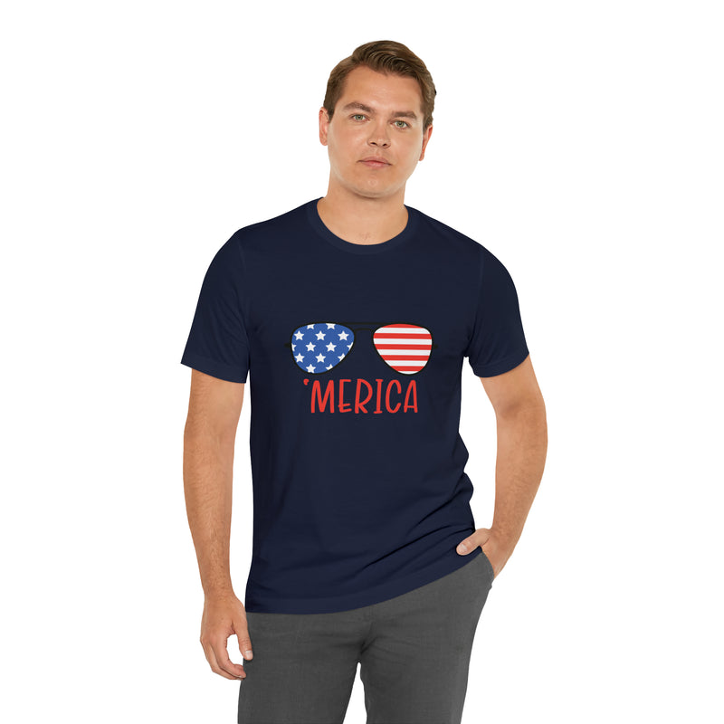 'Merica American Flag Sunglasses Jersey Short Sleeve Tee - Soft & Comfortable - Patriotic Clothing - Made in the USA