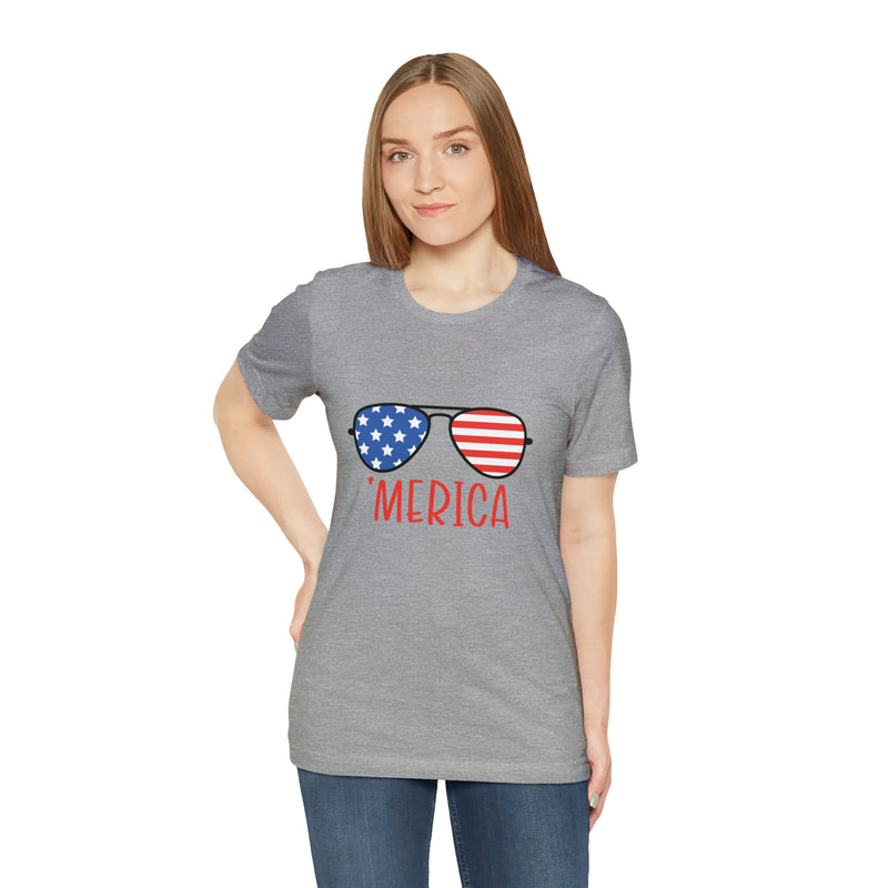 'Merica American Flag Sunglasses Jersey Short Sleeve Tee - Soft & Comfortable - Patriotic Clothing - Made in the USA