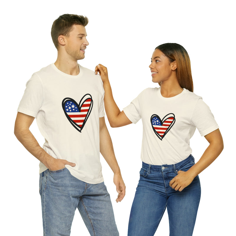 Love America Flag Heart Jersey Short Sleeve Tee - Soft & Comfortable - Patriotic Clothing - Made in the USA