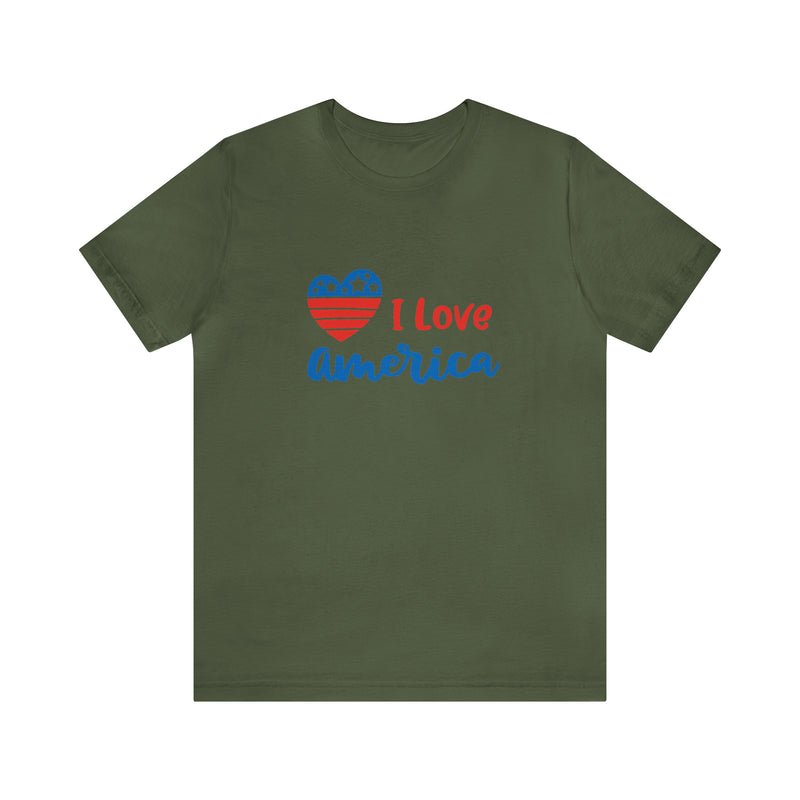 I Love America Heart Jersey Short Sleeve Tee - Soft & Comfortable - Patriotic Clothing - Made in the USA