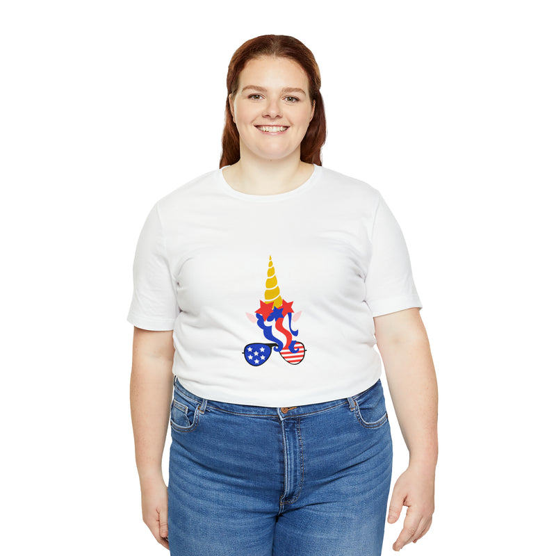 4th of July Unicorn with Sunglasses Jersey Short Sleeve Tee - Soft & Comfortable - Patriotic Clothing - Made in the USA