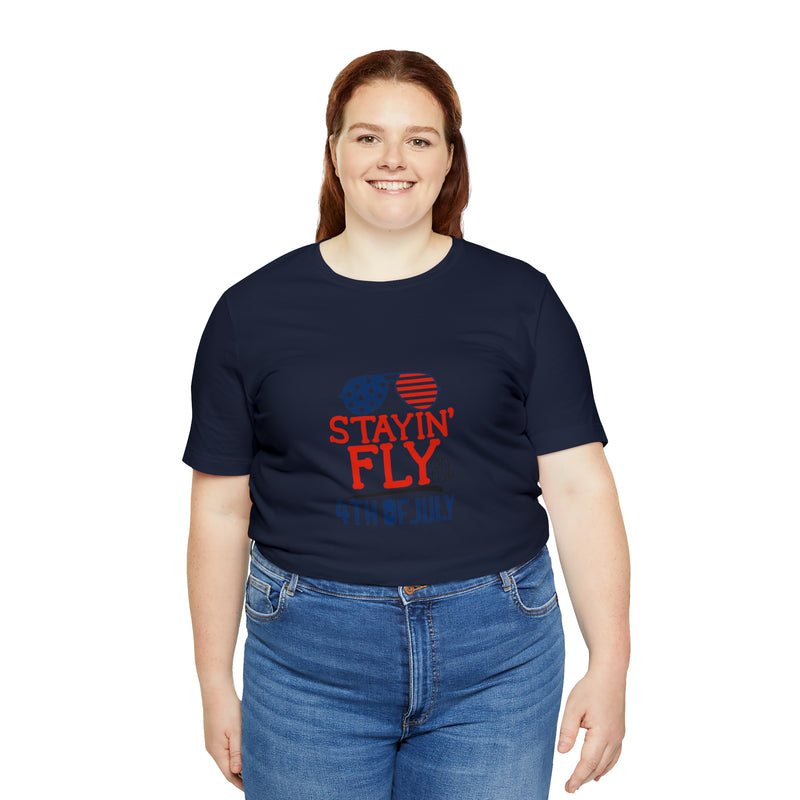 Stayin' Fly on the 4th of July American Flag Sunglasses Unisex Jersey Short Sleeve Tee - Stylish Patriotic Clothing - Made in the USA