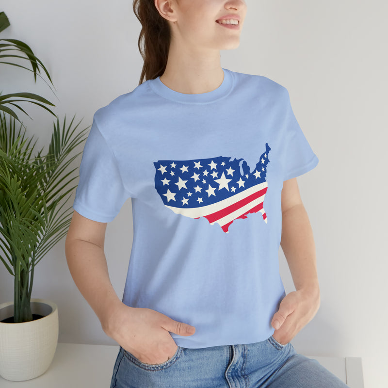 4th of July American Flag Map Jersey Short Sleeve Tee - Soft & Comfortable - Patriotic Clothing - Made in the USA