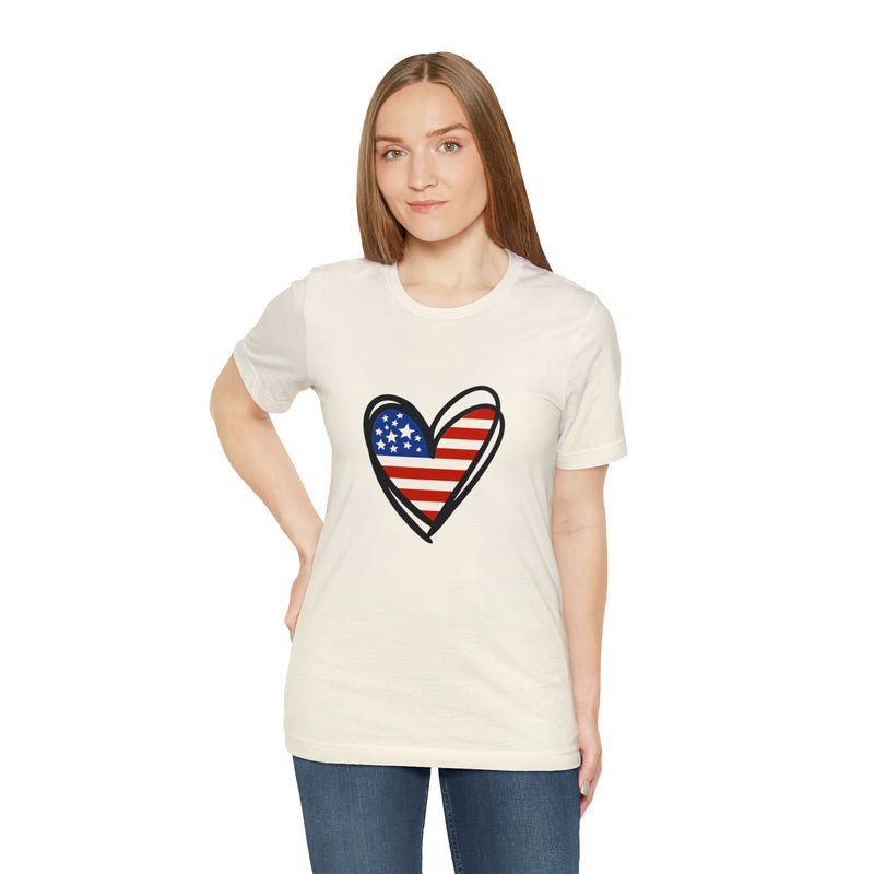 Love America Flag Heart Jersey Short Sleeve Tee - Soft & Comfortable - Patriotic Clothing - Made in the USA