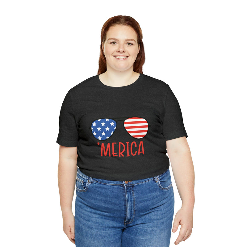 'Merica American Flag Sunglasses Jersey Short Sleeve Tee - Soft & Comfortable - Patriotic Clothing - Made in the USA