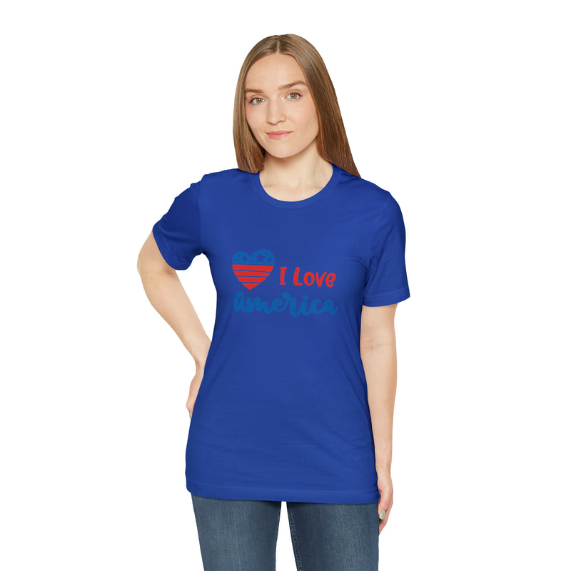 I Love America Heart Jersey Short Sleeve Tee - Soft & Comfortable - Patriotic Clothing - Made in the USA