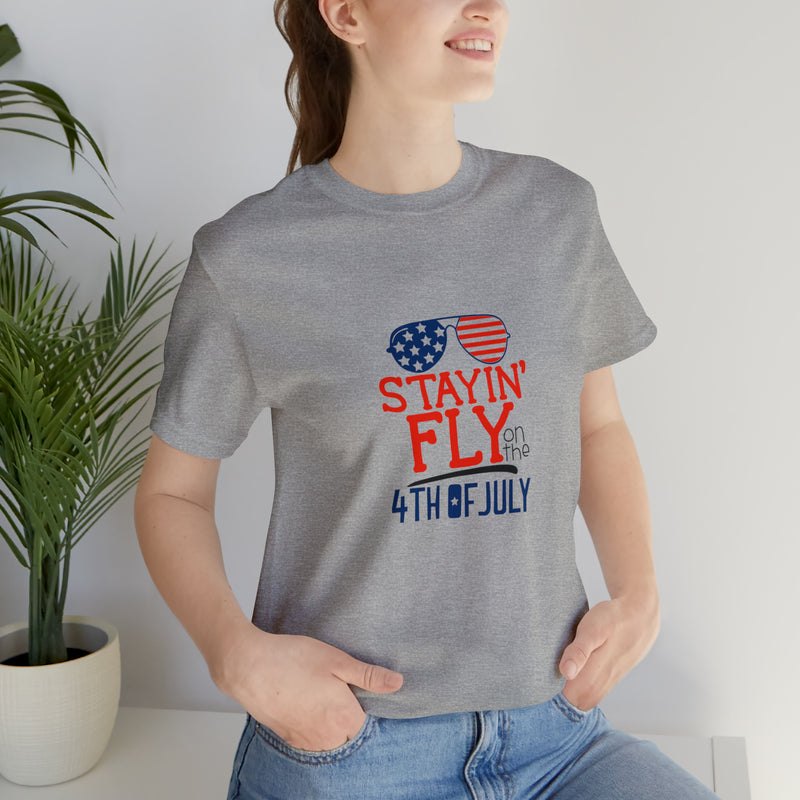 Stayin' Fly on the 4th of July American Flag Sunglasses Unisex Jersey Short Sleeve Tee - Stylish Patriotic Clothing - Made in the USA