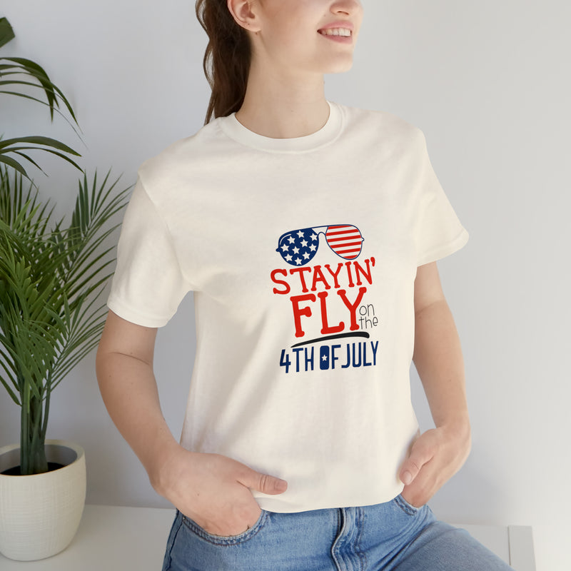 Stayin' Fly on the 4th of July American Flag Sunglasses Unisex Jersey Short Sleeve Tee - Stylish Patriotic Clothing - Made in the USA