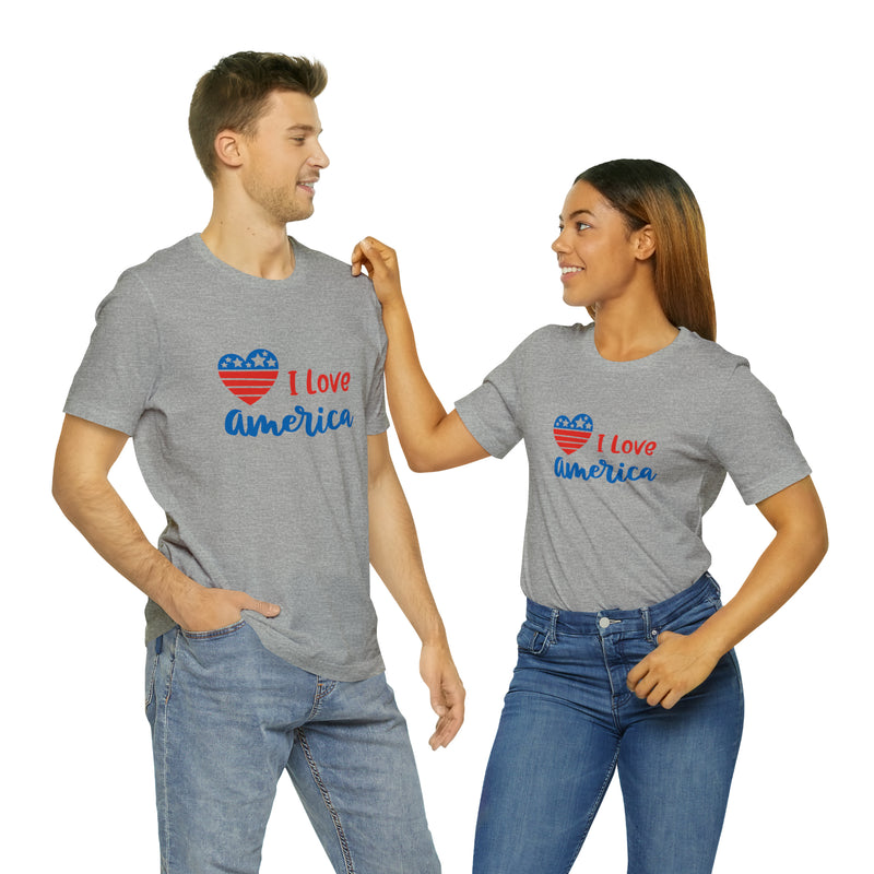 I Love America Heart Jersey Short Sleeve Tee - Soft & Comfortable - Patriotic Clothing - Made in the USA