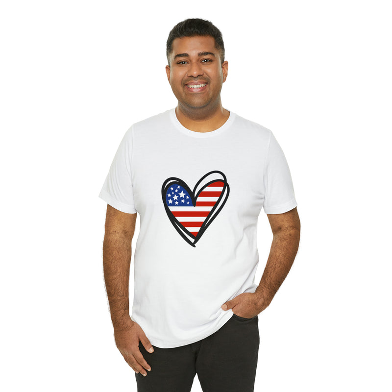 Love America Flag Heart Jersey Short Sleeve Tee - Soft & Comfortable - Patriotic Clothing - Made in the USA