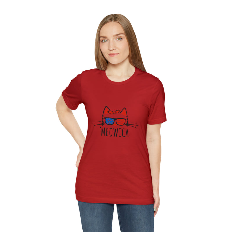 'Meowica Patriotic Cat with Sunglasses Jersey Short Sleeve Tee - Soft & Comfortable - Cute & Patriotic Clothing - Made in the USA