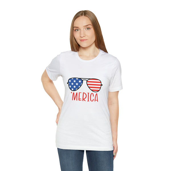 'Merica American Flag Sunglasses Jersey Short Sleeve Tee - Soft & Comfortable - Patriotic Clothing - Made in the USA