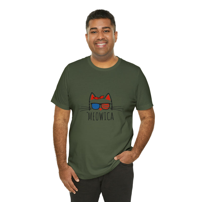 'Meowica Patriotic Cat with Sunglasses Jersey Short Sleeve Tee - Soft & Comfortable - Cute & Patriotic Clothing - Made in the USA