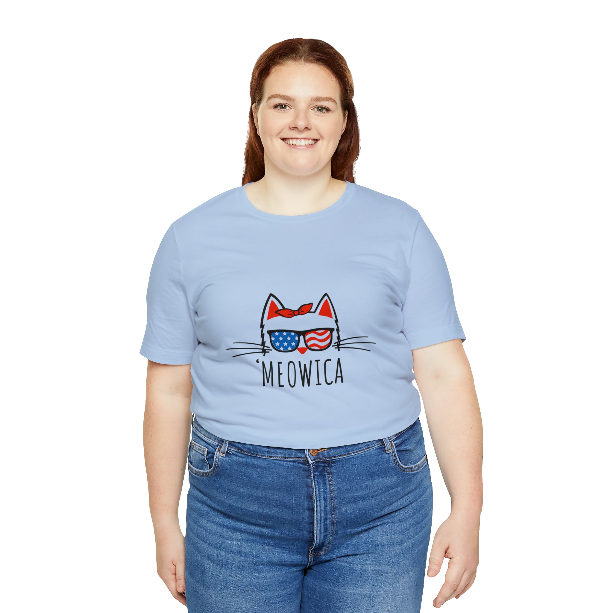 'Meowica Patriotic Cat with Sunglasses Jersey Short Sleeve Tee - Soft & Comfortable - Cute & Patriotic Clothing - Made in the USA