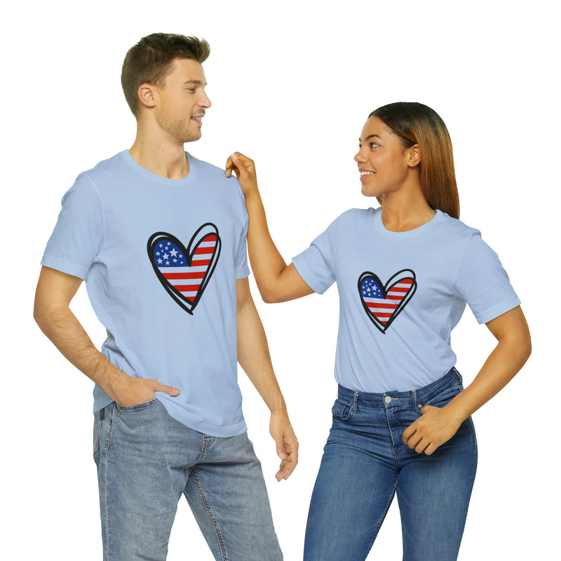 Love America Flag Heart Jersey Short Sleeve Tee - Soft & Comfortable - Patriotic Clothing - Made in the USA