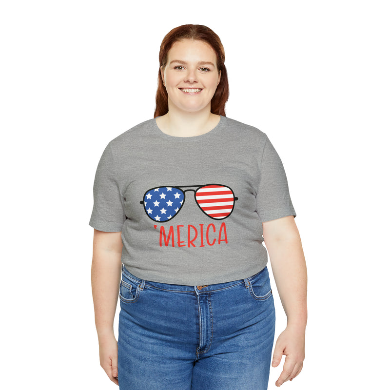 'Merica American Flag Sunglasses Jersey Short Sleeve Tee - Soft & Comfortable - Patriotic Clothing - Made in the USA