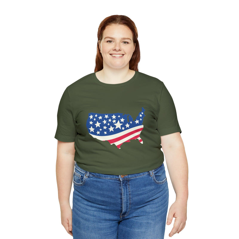 4th of July American Flag Map Jersey Short Sleeve Tee - Soft & Comfortable - Patriotic Clothing - Made in the USA