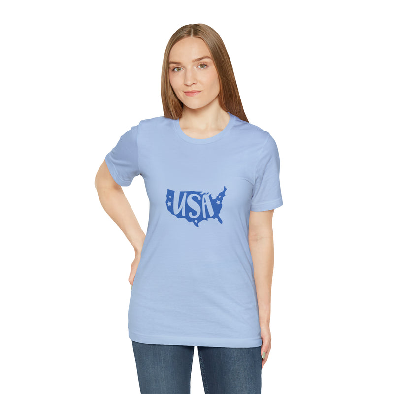 Blue USA Map Short Sleeve Tee - Patriotic Clothing - Made in the USA