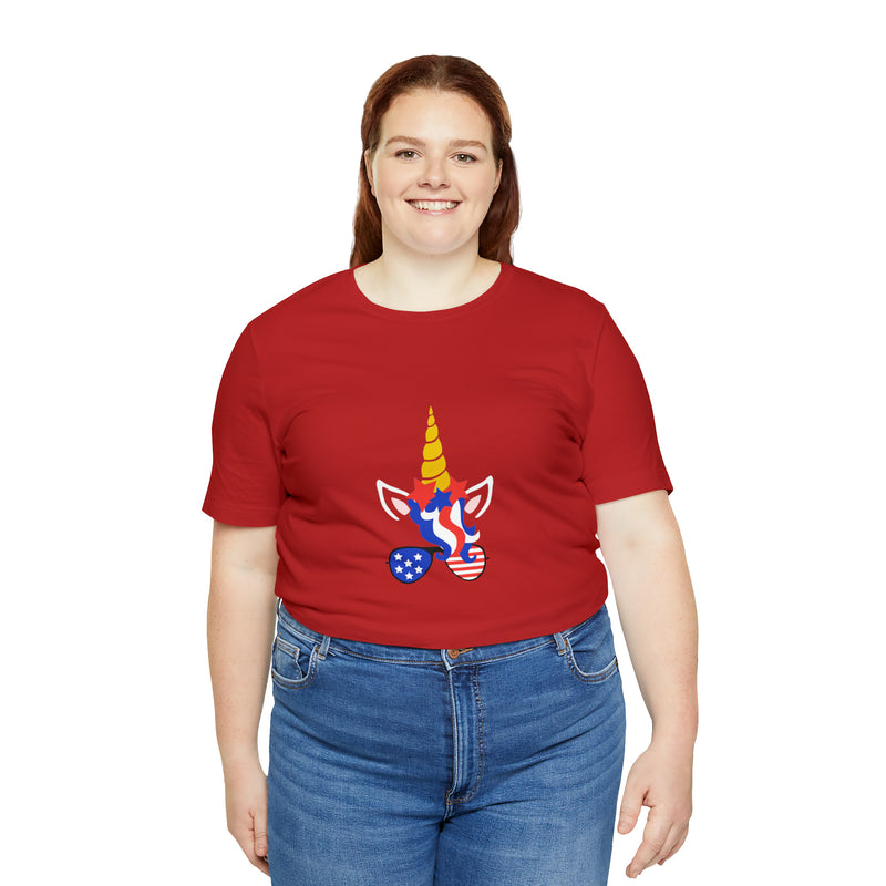 4th of July Unicorn with Sunglasses Jersey Short Sleeve Tee - Soft & Comfortable - Patriotic Clothing - Made in the USA